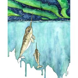 watercolor painting, narwhal painting, narwhal, narwhal art, whale nursery, whale, whale print, narwhal baby,print title