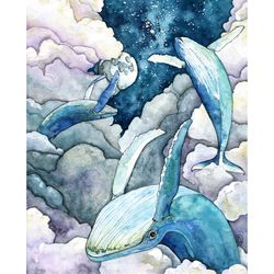 whale painting, watercolor painting, whale print, night sky, whale art, whale nursery, humpback, sky whales, print title