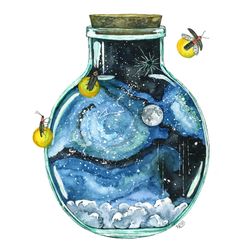 galaxy painting, watercolor painting, night sky, bottle, galaxy, stars, moon, firefly, watercolor print, print titled,'b