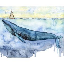 xlarge watercolor blue whale painting - sizes 16x20 and up, 'sovereign of the sea', whale, whale art, whale print, blue