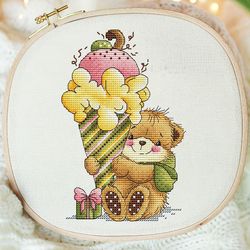 bear cross stitch pattern pdf, ice cream cross stitch, instant download animal cross stitch cute teddy bear cross stitch