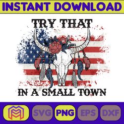 try that in a small town png, cow skull small town png, retro country shirt png, country music, american flag