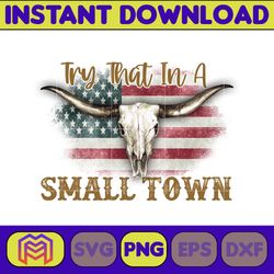 try that in a small town png, cow skull small town png, retro country shirt png, country music, american flag