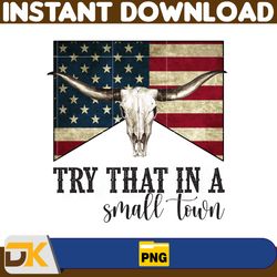 try that in a small town png, cow skull small town png, retro country shirt png, country music, american flag