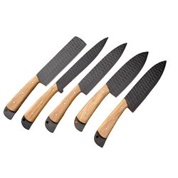 set of 5 handmade high carbon steel black color coated full tang kitchen knives set, chef knives set with leather roll,