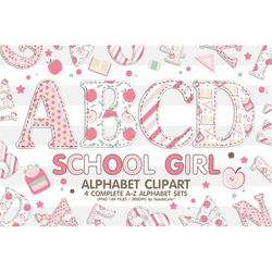 school gril doodle alphabet sublimation clipart png, number & a-z upper case font letters complete set bundle