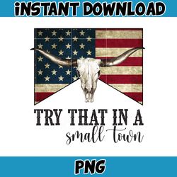 try that in a small town png, cow skull small town png, retro country shirt png, country music, american flag