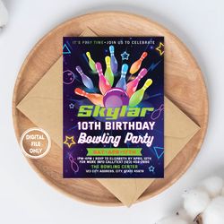personalized file bowling birthday invitation | glow bowling invitation, invitation png file only, digital download