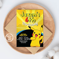 personalized file pikachu invitation pokemon birthday party invite, invitation png file only, digital download