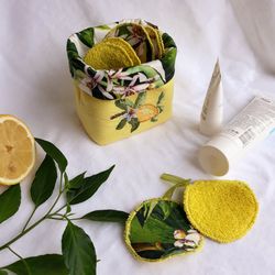 reusable makeup remover pads & embroidered mini basket, lemon decor bathroom, zero waste makeup kit