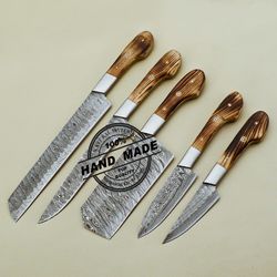 5pc damascus kitchen set custom handmade damascus steel chef set, gift for mom, gift for her