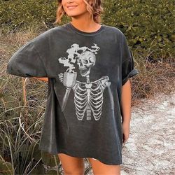 retro halloween comfort colors shirt, coffee skeleton halloween,skull vintage tshirt for women, retro fall shirt, fall s