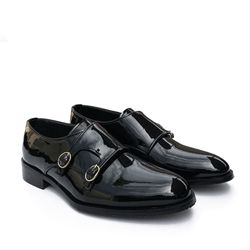 double monk patent black shoes