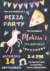 editable canva unicorn pizza birthday party invitation