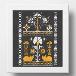 cats sampler cross stitch pattern, vintage embroidery, ethnic cross stitch pdf, lace ornament, digital cross stitch