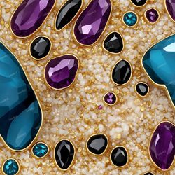 gemstones on gold and quartz seamless tileable repeating pattern