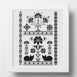 monochrome cat cross stitch pattern sampler, vintage embroidery, lace ornament, ethnic digital cross stitch pattern