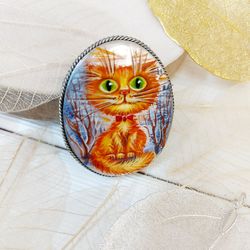 brooches for women: ginger tabby kitty cat brooch, mother of pearl designer jewelry, hand painted shell with kitten