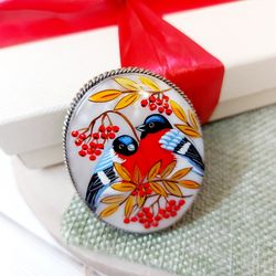 brooches for women: red bird couple pin, handmade jewelry painted on mother of pearl, bullfinch bird on statement brooch