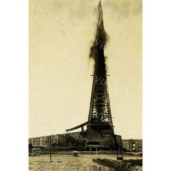 old historic oil photo print well drill drilling rig derrick oil gusher field sepia tone photo wall home decor photograp