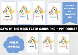 days of the week flashcards pdf png for kindergarten | cute unicorn montessori flashcards | pre-school cards | printable