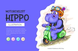 cartoon hippo motorcyclist. t-shirt, png, svg.