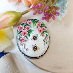 brooches for women: pink wild roses and bees brooch, wonderful hand painted shell pin, handmade jewelry for summer dress