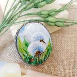 brooches for women: delicate dandelion beauty painted on elegant brooch. handmade stylish jewelry for summer dress