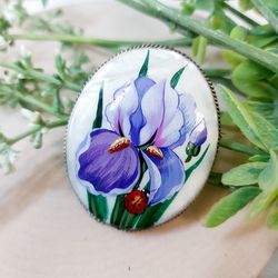 brooches for women: miraculous purple iris brooch with tiny ladybug, hand painted jewelry pin, handmade lacquer jewelry