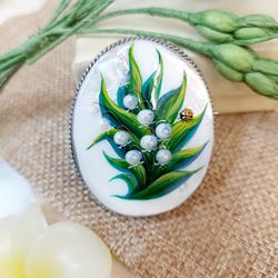 brooches for women: lily of the valley and ladybug on handmade jewelry brooch, hand painted shell brooch with may flower