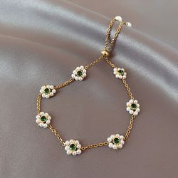 14k gold bracelet green smaragd flower pearl