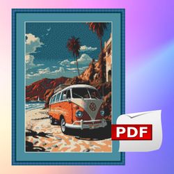 retro camper van counted cross stitch pdf pattern, summer sunset at camping, hand embroidery, modern cross stitch