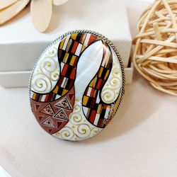 brooches for women: art inspired abstract mother of pearl brooch, shell jewelry originally hand painted in klimt style