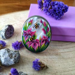 brooches for women: pink and purple lilies with bees on pearl brooch for summer dress, trendy handmade floral jewelry
