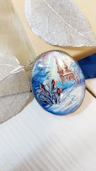 brooches for women: church and bullfinches in winter village on hand painted brooch, unique trendy pearl lacquer pin