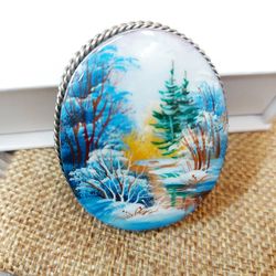 brooches for women: serene winter forest landscape painted on lacquer brooch pin. original handmade jewelry for dress