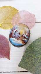 brooches for women: russian winter village and red bullfinches on lacquer pearl brooch. north style design pin for dress