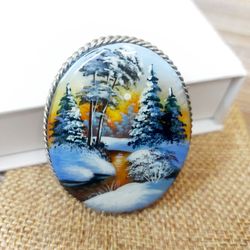 brooches for women: winter forest river in golden morning light painted on pearl brooch. elegant pin for winter scarf