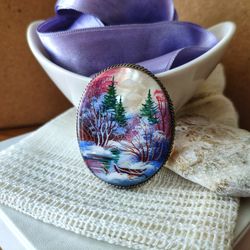 brooches for women: boat on winter riverbank on pearl brooch, charming handmade jewelry, statement pin for white dress