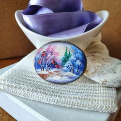 brooches for women: winter enchanted forest & red bullfinches by the river on handmade brooch. north style jewelry pin