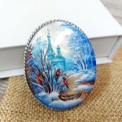 brooches for women: church near the river in winter season on lacquer brooch pin. handmade dainty jewelry. gift for her