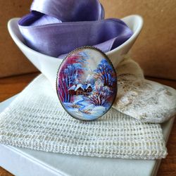 brooches for women: snow-covered village in winter forest on handmade pearl brooch. unique trendy pin. brooch for dress