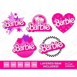 barbi retro logo bundle palms heart stars pink | color layered black | svg png jpg clipart digital download sublimation