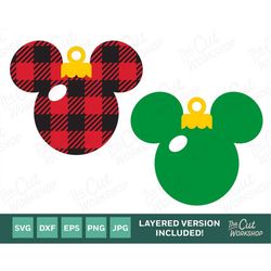 christmas tree ornament mickey minnie mouse ears buffalo plaid | svg clipart images digital download sublimation cricut