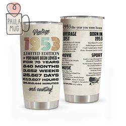 70th birthday gifts, 70 years old gifts, 1953 with time information curved tumbler, 1953 anniversary gift, born in 1953