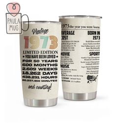 50th birthday gifts, 50 years old gifts, 1973 with time information curved tumbler, 1973 anniversary gift, born in 1973