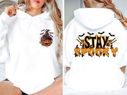 stay spooky sweatshirt, pumpkin with witch hat, pumpkin sweatshirt, halloween sweatshirts for women, halloween gift for