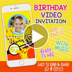pokemon birthday party invitation, pikachu video invitation, video invitation