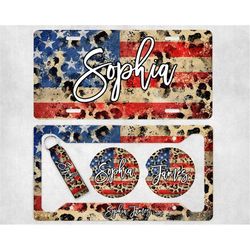 rustic leopard usa  add your name car sublimation designs, car coaster bundle png, licence plate holder frames, key fob