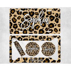 leopard add your name car sublimation designs, car coaster bundle png, licence plate holder frames, key fob wristlet key